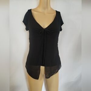 Byer California Black Tie Front Blouse Top Sheer Hem Short Sleeve Size M